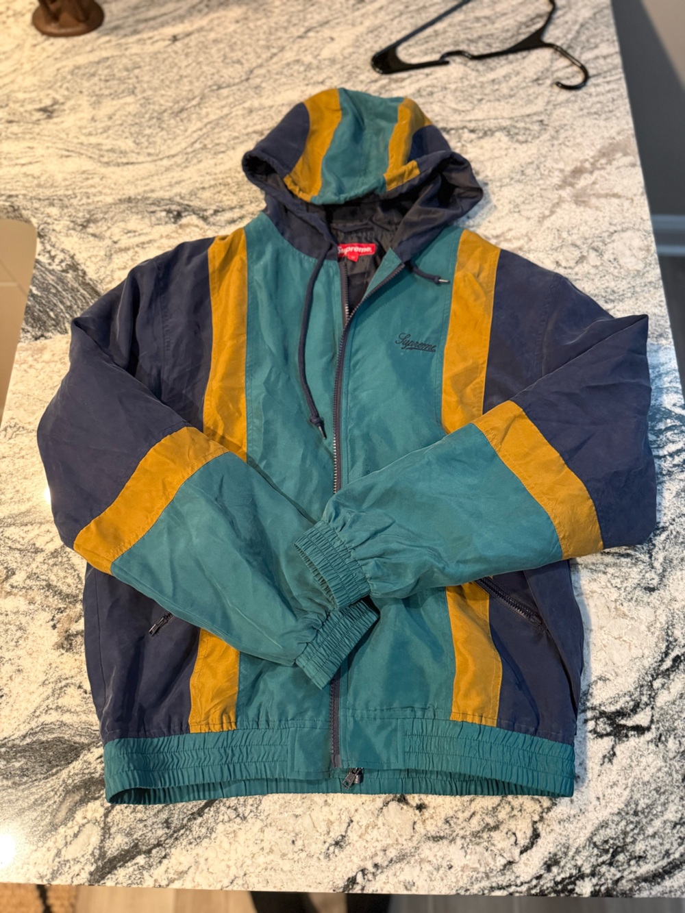 Supreme Silk Teal Navy and Mustard Colorblock Hooded Windbreaker